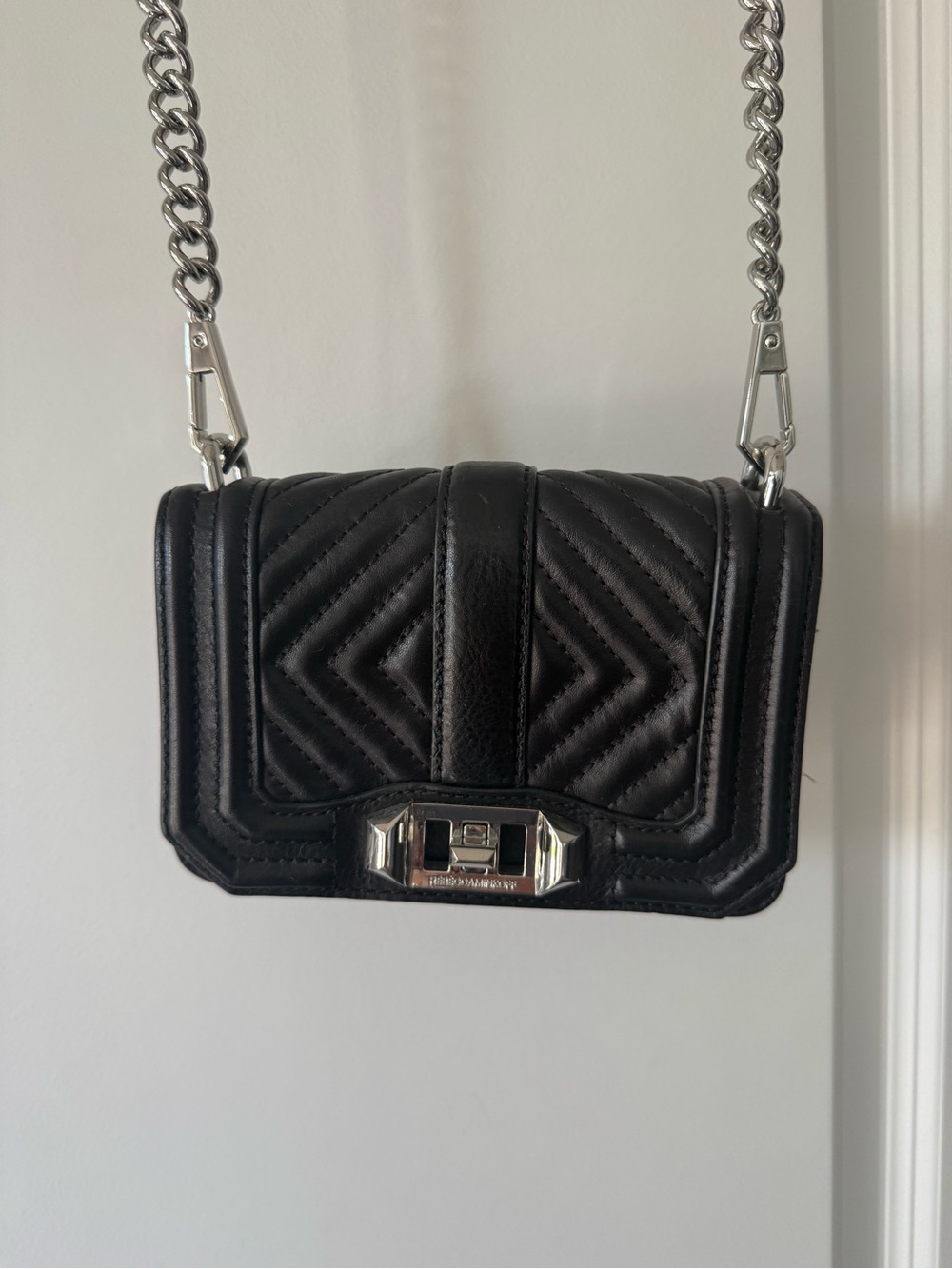 Rebecca Minkoff Mini Quilted Black Crossbody Bag with Silver Chain Strap
